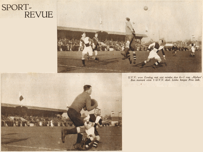 874744 Collage van 2 foto's betreffende de voetbalwedstrijd tussen U.V.V. (Utrecht) en Alphen, op het sportterrein aan ...